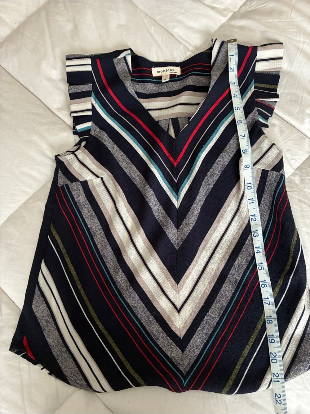 Monteau Navy Multi-Color Chevron Stripe V-Neck Ruffle Sleeve Tank